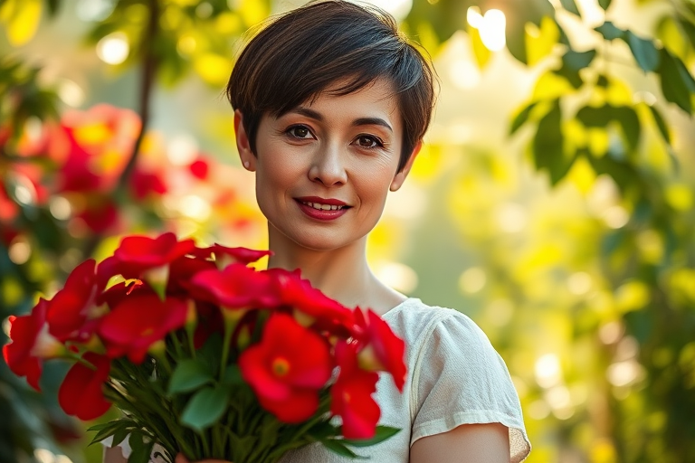 portrait of a woman with short hair holding a bouquet of red flowers in a lush garden, soft sunlight filtering through leaves, aperture f/2.8, shutter speed 1/250s, ISO 100, captured with a 50mm lens on a DSLR camera, shallow depth of field for a dreamy background effect