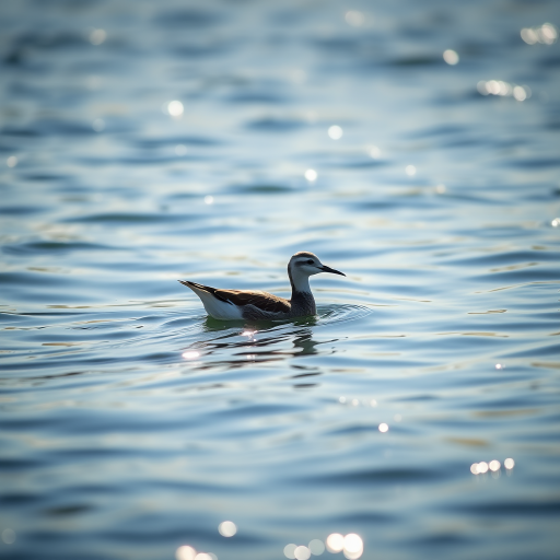 capture a serene image of a solitary bird swimming in shimmering water under soft natural light, with a shallow depth of field, using a DSLR camera with a 50mm lens, aperture set to f/2.8, ISO 200, shutter speed 1/250 sec, focusing on the bird, with a lighting effect accentuating the reflections on the water surface.