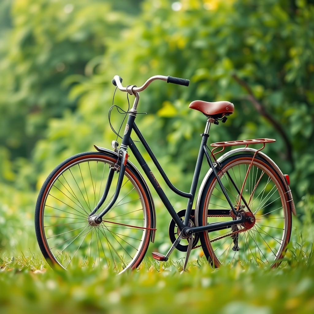 regenerate an image of a vintage bicycle parked against a lush green background with a shallow depth of field, aperture f/2.8, ISO 100, 50mm lens, natural lighting, DSLR camera, high-resolution detail