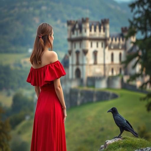 A young woman in a red off-shoulder dress gazing towards a historic castle with a raven nearby, shot with a Canon EOS 5D Mark IV, 50mm lens, f/1.8, ISO 100, natural light, soft focus background, high dynamic range.