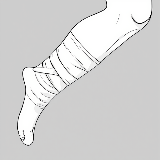 Create a high-resolution black and white illustration of a bandaged leg in a side view, using a detailed vector style with smooth lines, captured with a DSLR camera at f/8 aperture, ISO 100, and a focal length of 50mm to enhance clarity and contrast.