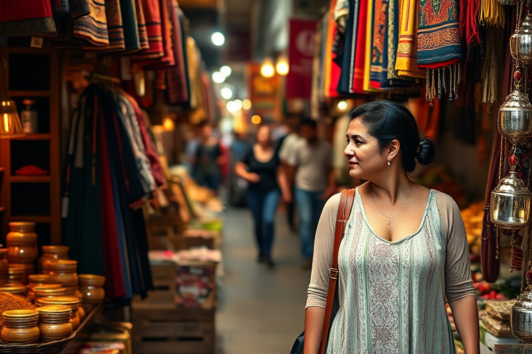 Woman walking through a bustling city market, the smell of spices in the air, vibrant fabrics hanging from stalls, as she haggles with a local vendor for souvenirs.
