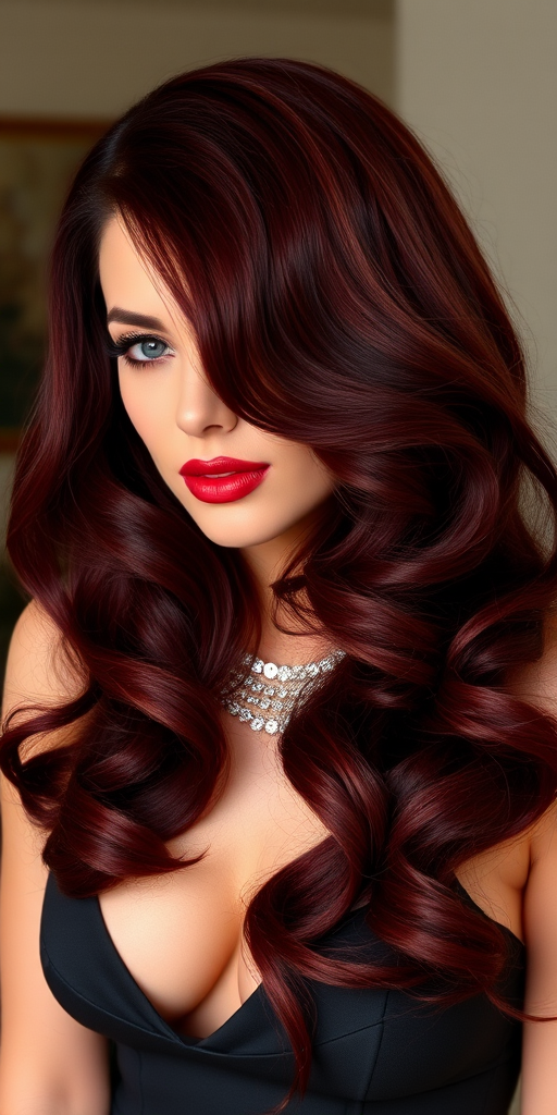 Ravishing burgundy-haired vamp with voluminous, Old Hollywood-inspired waves and a dramatic deep side part