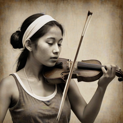 a young Bhutanese woman with a white headband playing a violin, in the style of a charcoal drawing, sepia grunge background