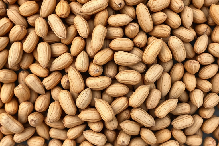 photograph of freshly harvested peanuts in their shells arranged in clusters, depth of field focus on the peanuts with blurred background, natural lighting, shot with a Canon EOS R6, 50mm lens, aperture f/2.8, ISO 200, shutter speed 1/250s, top-down view