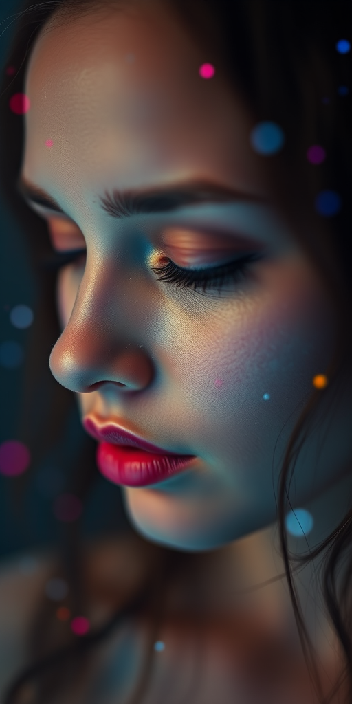 Create an ethereal close-up portrait of a female figure with a soft focus on her face, surrounded by abstract electronic patterns and vibrant cosmic colors, taken with a Canon EOS R5, 50mm f/1.2 lens, ISO 100, aperture f/2.8, at a shallow depth of field to enhance the background bokeh.