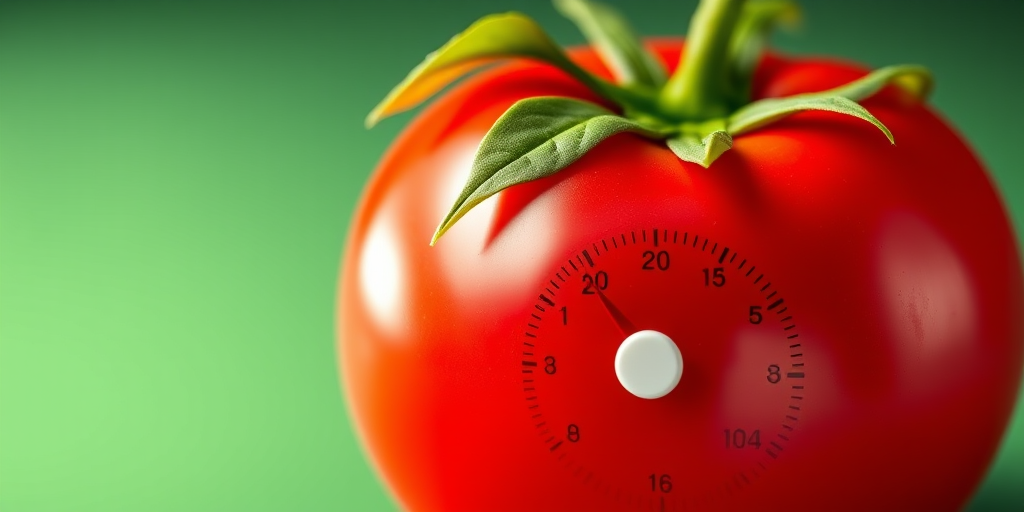 Create a vibrant illustration of a tomato-shaped timer with clear markings and a green leaf on top, using a DSLR camera with a 50mm lens, f/2.8 aperture, ISO 100, in a studio setting with soft diffused lighting to enhance color saturation and detail.
