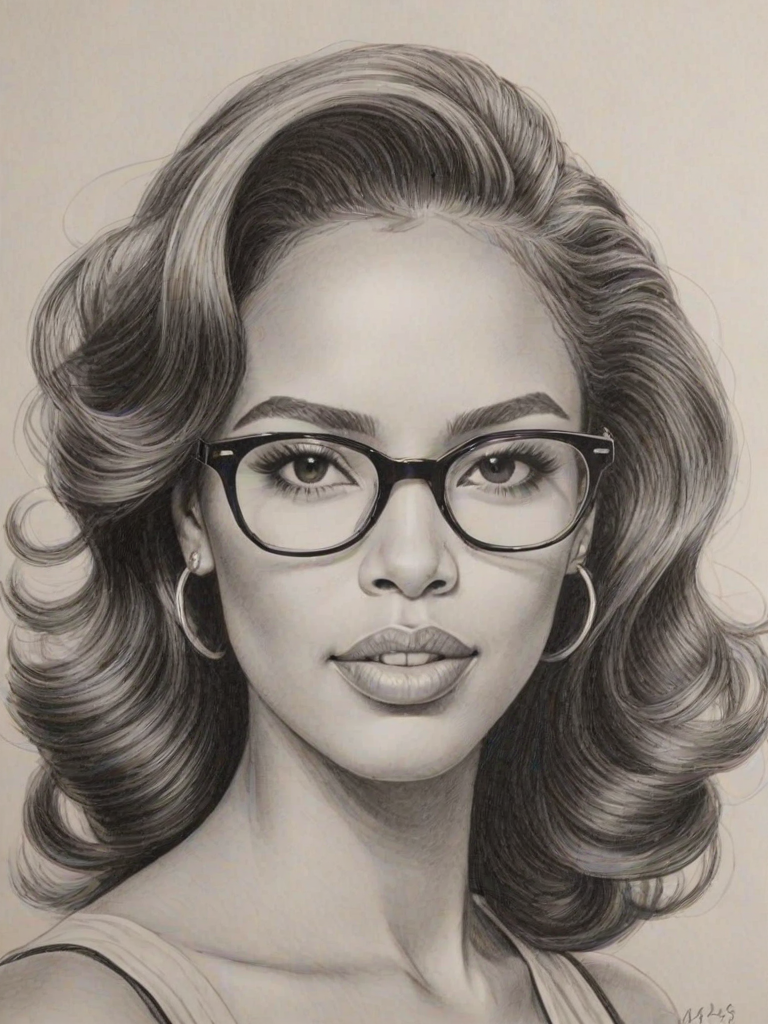 Attractive Erica Mena, pencil sketch, portrait of Enticing woman 1940s in glasses, hair style beatnik, outline, clear lines, fine lines, 8k
