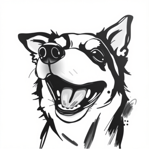 Abstract black and white acrylic portrait of an over exaggerated laughing (dog). Minimalism style. White background.