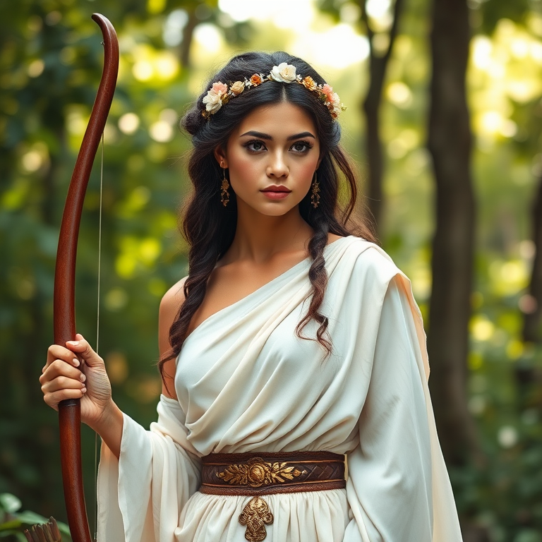 Create a portrait of a goddess-like Inca girl figure in a tranquil, forested environment. She has an elegant appearance with long, wavy hair styled in an updo and adorned with a delicate, floral headband. She wears a flowing, ancient Greek-inspired gown in a soft, pale color, featuring a one-shoulder design and draped fabric that accentuates her graceful form. The outfit includes a decorative belt with ornate gold detailing, and she holds a bow in her hand, with a quiver of arrows slung over her shoulder. The background depicts lush greenery, with sunlight filtering through the trees, casting a gentle, ethereal light on the scene. Her expression is calm and contemplative, embodying a sense of wisdom and serenity.
