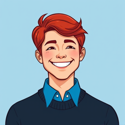 Create a vector illustration of a smiling person with red hair, a blue collar shirt, and a black sweater, using high-resolution digital art techniques, with an emphasis on clean lines and vibrant colors, in a flat style.