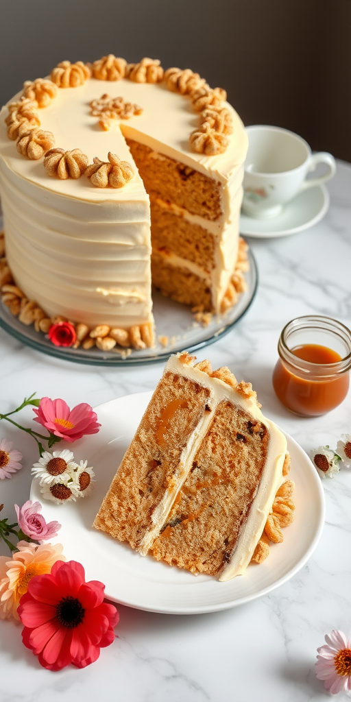 A beautifully decorated layer cake with a creamy frosting and chopped nuts on the sides, a slice of the cake on a plate showing its layers, surrounded by flowers and a small jar of caramel sauce, set on a marble table with a delicate tea cup.