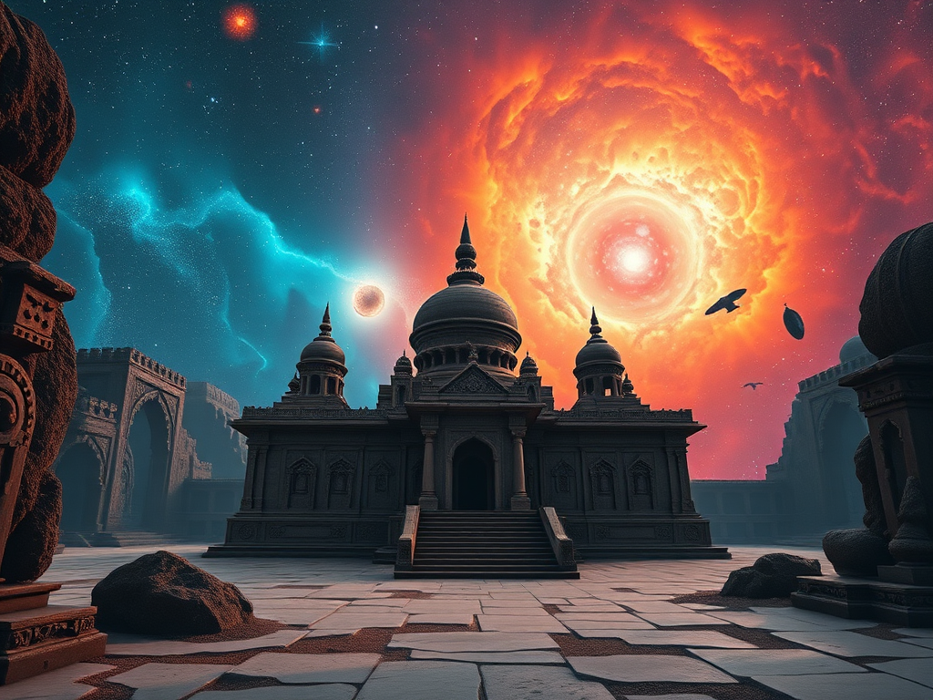 Create a high-resolution image of an ancient, futuristic temple with intricate designs, surrounded by a vibrant cosmic nebula in shades of blue, orange, and red, captured with a DSLR camera at f/11, ISO 100, 24mm lens, using a wide-angle view to emphasize grandeur and depth in the scene.