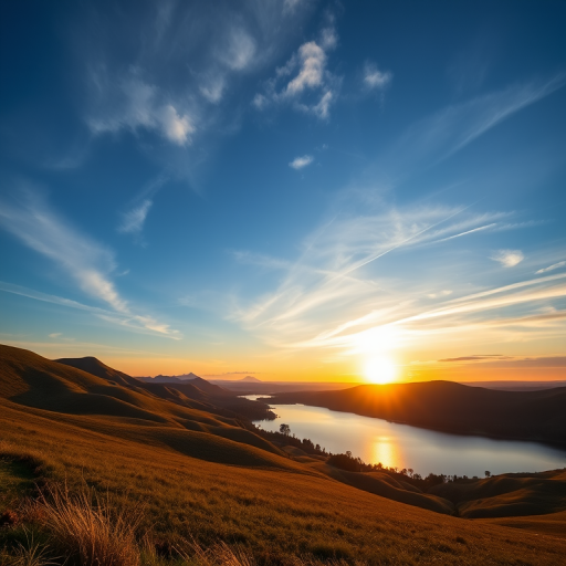 Generate a detailed image of a serene landscape featuring rolling hills, a calm lake reflecting the sky, and a sunset in the background, taken with a DSLR camera at f/8 aperture, ISO 100, 1/200 sec shutter speed, in landscape orientation with a wide-angle lens for depth of field.