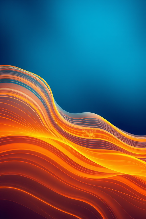 Generate an abstract wave pattern with dynamic lines in blue, orange, and gold hues, using a high-resolution setting at 300 DPI, captured from a wide-angle lens at f/8, with a high dynamic range, using a digital mirrorless camera.