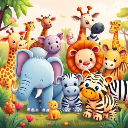 Create a vibrant and colorful cartoon-style digital illustration of cute baby animals including elephants, rhinos, hippos, giraffes, zebras, lions, and more, ensure a soft focus effect with a high-resolution setting of 300 DPI, using a wide-angle view captured with a DSLR camera at f/4.0 for depth of field, and vibrant lighting to enhance colors and details.