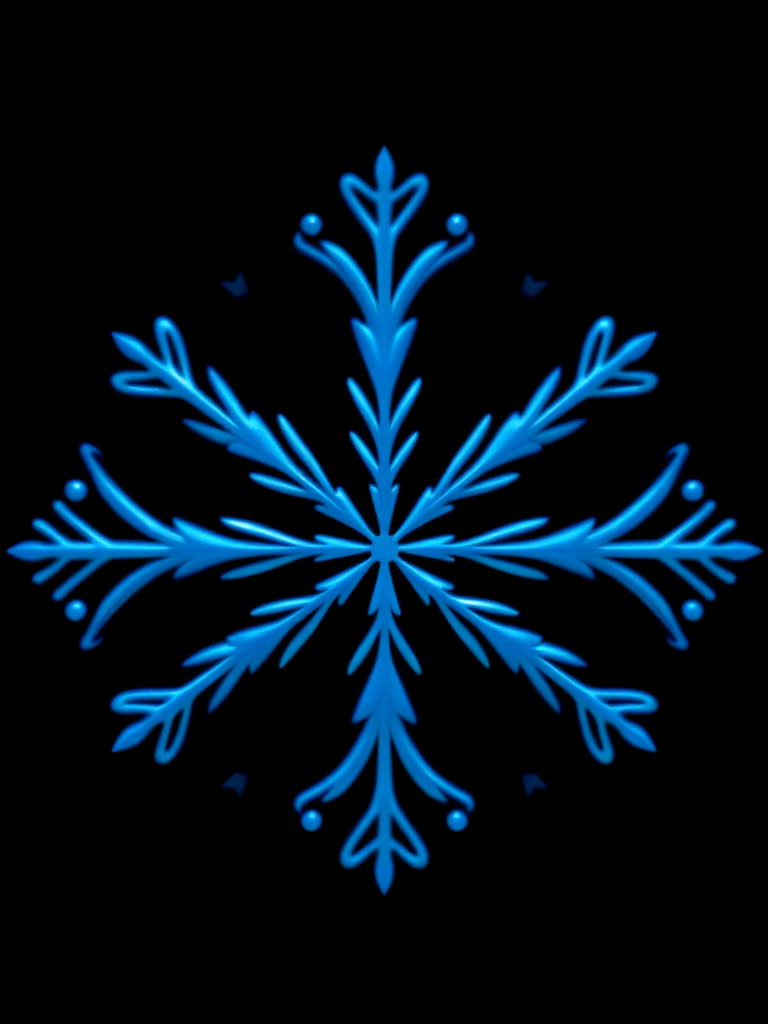Create a high-resolution digital illustration of a symmetrical snowflake design on a solid black background, using a Canon EOS R5 camera with a 50mm f/1.8 lens, at ISO 100, aperture f/2.8, and a shallow depth of field, emphasizing vibrant light blue gradients for added depth and texture.