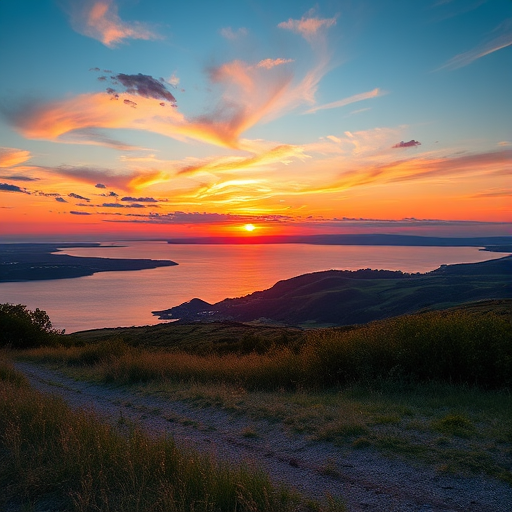 Generate a high-resolution image of a scenic landscape at sunset, with vibrant colors reflecting on the water, using a Canon EOS R5, 24mm lens, f/8 aperture, ISO 100, shutter speed 1/125s, taken from a low angle to capture foreground details and a wide view of the horizon.
