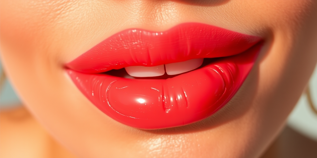 Vibrant coral-hued lips with a glossy finish, dubbed "Sunset Bliss," featuring a subtle ombre effect and a plumping formula for fuller appearance, perfect for summer evenings