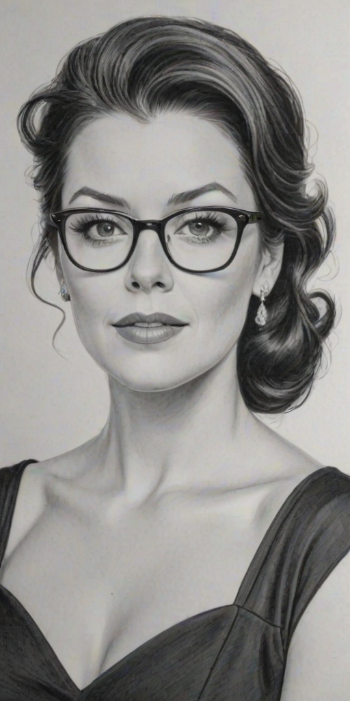 Elegant Bellamy Young, pencil sketch, portrait of Sublime woman 1952s in glasses, hair style beatnik, outline, clear lines, fine lines, 8k