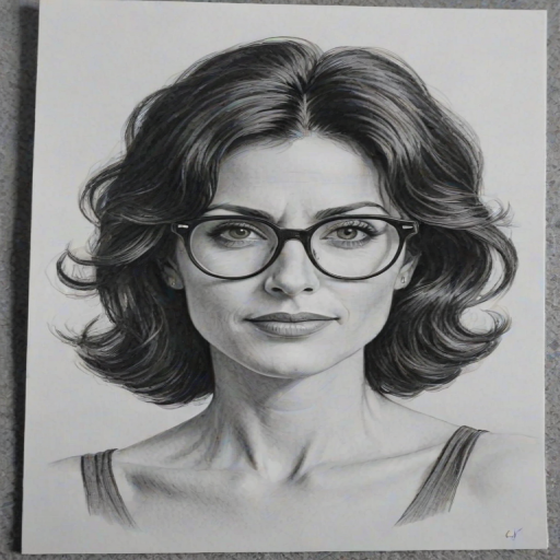 Magnificent Lisa Edelstein, pencil sketch, portrait of Magnificent woman 1961s in glasses, hair style beatnik, outline, clear lines, fine lines, 8k