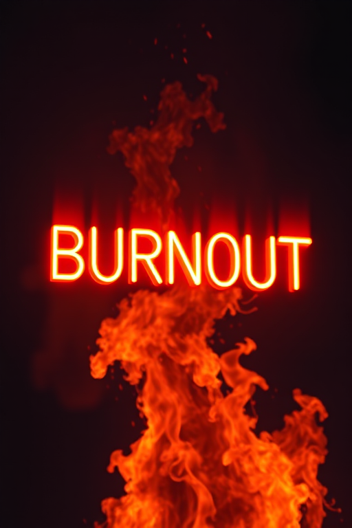 Create an image of the word "BURNOUT" in glowing orange-yellow neon letters with a fiery background, using a Canon EOS R5, 50mm lens, f/1.8 aperture, ISO 200, 1/60s shutter speed, shot from a slightly low angle to enhance depth and intensity.