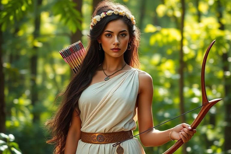 Create a portrait of a goddess-like Maori girl figure in a tranquil, forested environment. She has an elegant appearance with long, wavy hair styled in an updo and adorned with a delicate, floral headband. She wears a flowing, ancient Greek-inspired gown in a soft, pale color, featuring a one-shoulder design and draped fabric that accentuates her graceful form. The outfit includes a decorative belt with ornate gold detailing, and she holds a bow in her hand, with a quiver of arrows slung over her shoulder. The background depicts lush greenery, with sunlight filtering through the trees, casting a gentle, ethereal light on the scene. Her expression is calm and contemplative, embodying a sense of wisdom and serenity.