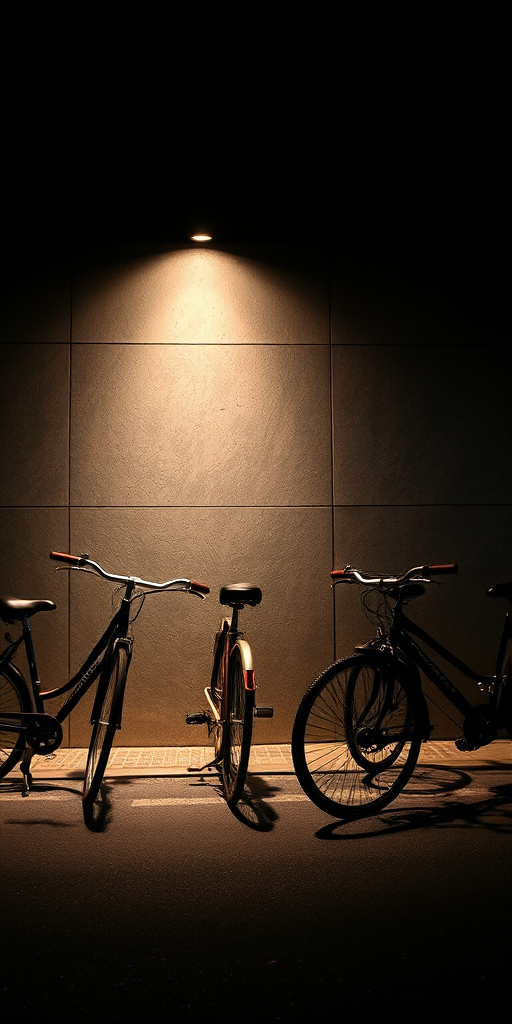 Create a nighttime urban scene of parked bicycles against a dimly lit wall with soft shadows, using a Canon EOS R5 camera with a 50mm lens, aperture set to f/1.8, ISO 400, and a shutter speed of 1/60 sec for enhanced depth and clarity.
