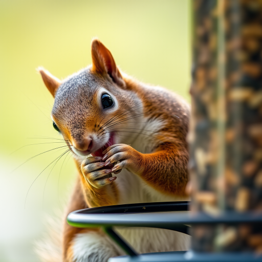 squirrel eating from a feeder, natural light, f/5.6, ISO 400, 1/200 sec, focal length 100mm, macro lens, close-up shot, soft focus background, captured with a DSLR camera