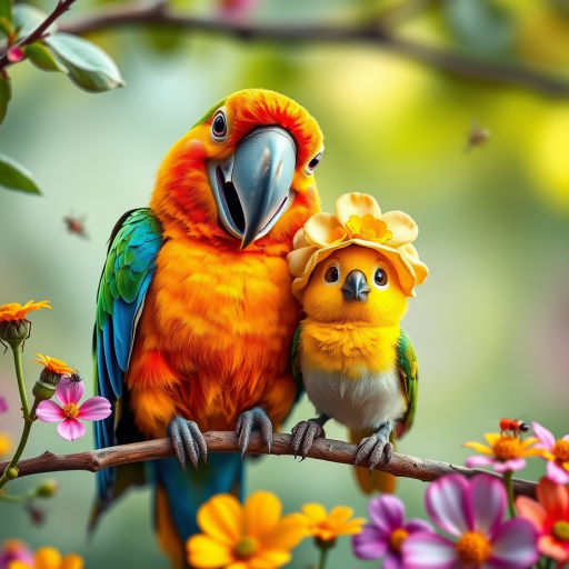 A colorful, whimsical scene featuring a large, cheerful parrot with exaggerated features perched on a branch alongside a cute, small bird wearing a flower-patterned hat, surrounded by vibrant flowers and insects, captured with a macro lens, shallow depth of field, soft focus background, natural lighting, high dynamic range, digital art style.