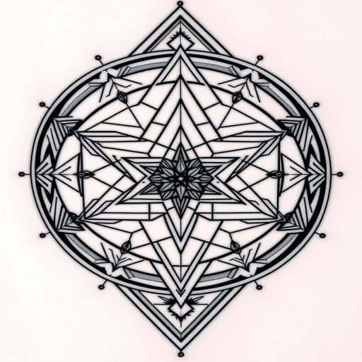 Geometric blackwork tattoo called "Sacred Symmetry" showcasing precise lines and shapes forming complex patterns and optical illusions, with dotwork shading and sacred geometry principles incorporated into the design
