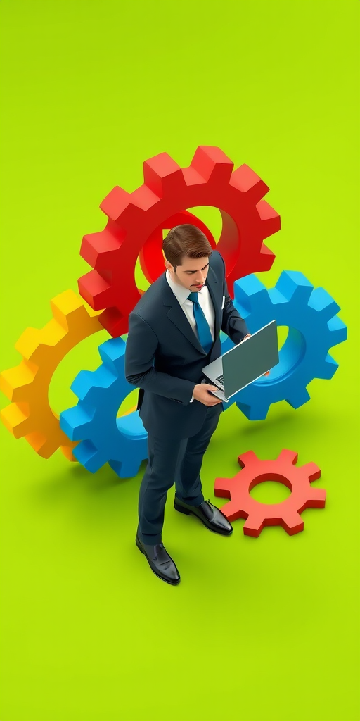 Create an isometric illustration of a businessman in a suit standing with a laptop, surrounded by large colorful gears (red, yellow, and blue) on a vibrant green background, with a camera setting of f/8 aperture, ISO 100, 24mm lens, top-down view, and soft-focus style.