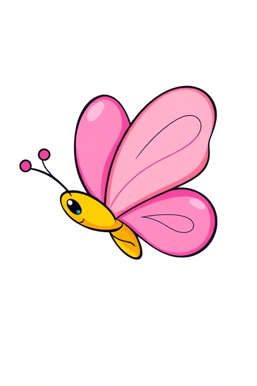 Generate a colorful and simple illustration of a butterfly with pink wings and a yellow body. The wings should have a smooth, cartoonish style with minimal details. The background should be plain to emphasize the butterfly.