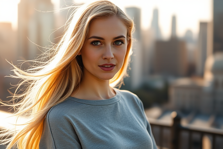 portrait of a blonde woman in a gray top with long flowing hair, soft sunlight illuminating her face, city skyline in the background, DSLR camera, 50mm lens, f/1.8 aperture, ISO 100, golden hour lighting, shallow depth of field