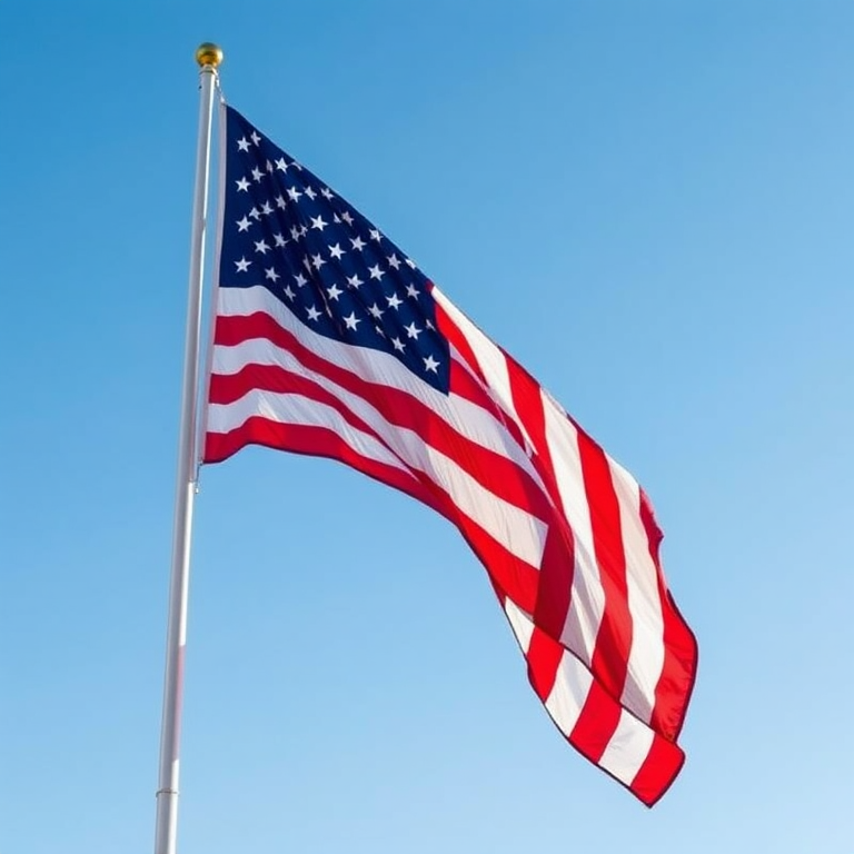 Create an image of a waving American flag against a clear blue sky, captured with a DSLR camera, 50mm lens, f/2.8 aperture, ISO 100, shutter speed 1/1000s, with a vibrant color profile and high dynamic range for enhanced clarity.