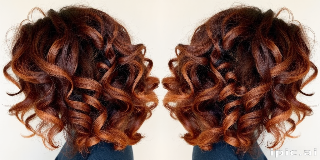 Chocolate brown curly shag with caramel highlights, named "Mocha Swirl," boasting voluminous ringlets and a flattering mix of warm and cool tones