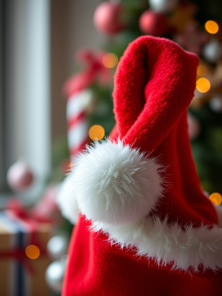 Create a high-resolution image of a festive Santa hat, with vibrant red fabric and a fluffy white trim, captured in natural light using a DSLR camera at f/2.8 aperture, ISO 100, and a 50mm lens, in a soft-focus style against a blurred holiday-themed background.