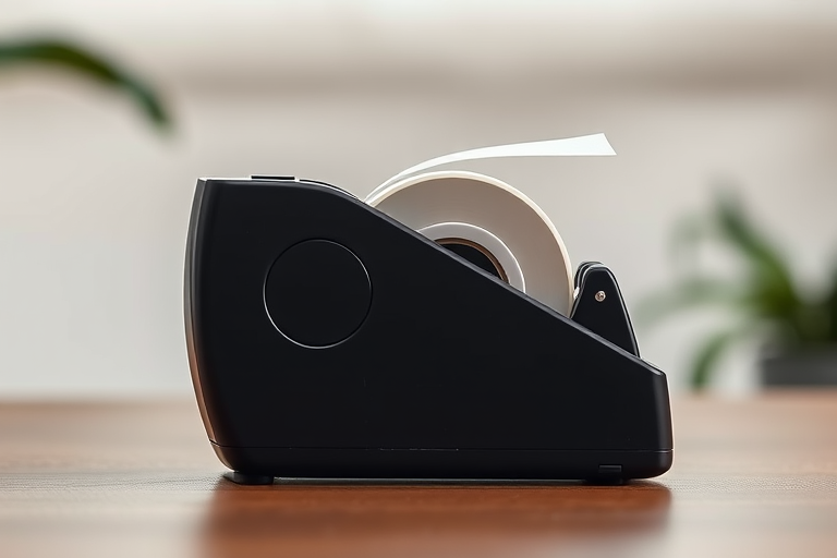 Create a high-resolution image of a black tape dispenser with a modern design, shot with a DSLR camera at f/2.8 aperture, ISO 100, in a close-up view with soft natural lighting to emphasize its sleek form and texture.