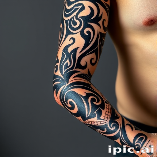 Powerful tribal-inspired tattoo wrapping around the bicep and forearm featuring bold black patterns with negative space elements inspired by Polynesian and Maori designs intricate swirls and sharp angles