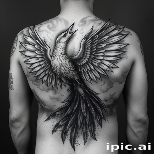 Dramatic black and gray body tattoo of a soaring phoenix rising from ashes, spanning the entire back with hyper-realistic shading and intricate feather details
