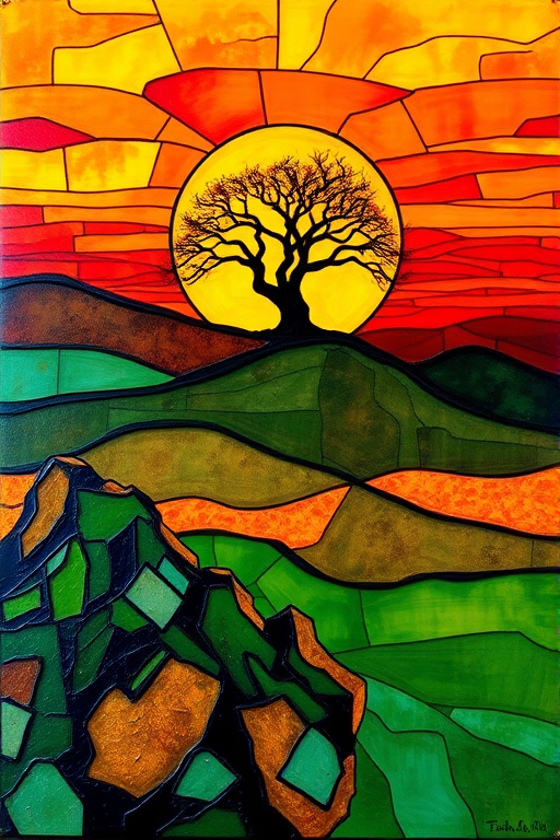 A vibrant abstract painting on Tiffany Glass, blending acrylic and alcohol ink techniques, captures a dramatic sunset over rolling hills. The artwork features a textured, rocky foreground in green and brown, layered abstract hills, and a striking sunset in rich oranges, yellows, and reds. A solitary black tree with intricate branches contrasts against the fiery sky, creating a dynamic and expressive portrayal of a breathtaking natural scene.
