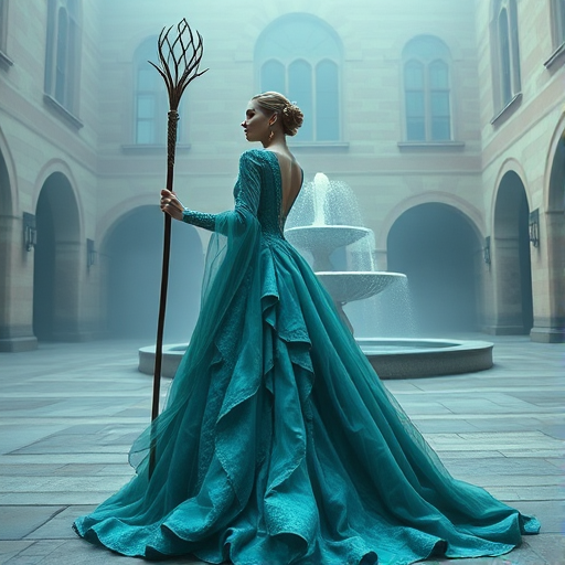 Regenerate the image of a woman in an elaborate teal gown holding a staff in a misty, ancient courtyard with a fountain, using a DSLR camera at f/1.8 aperture, ISO 100, 50mm lens, natural light for a dreamy effect, capturing a low-angle view to emphasize the gown's details.