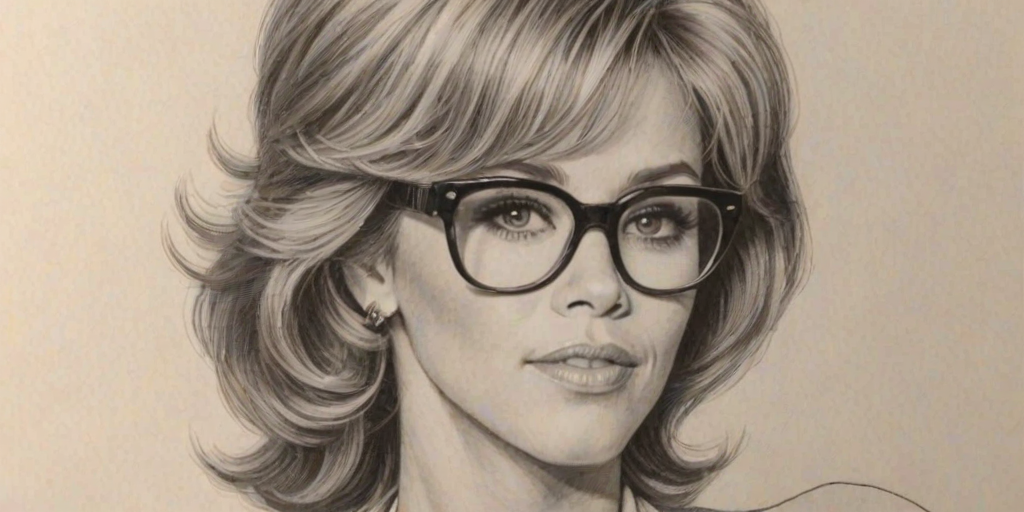 Enticing Jane Fonda, pencil sketch, portrait of Attractive woman 1964s in glasses, hair style beatnik, outline, clear lines, fine lines, 8k