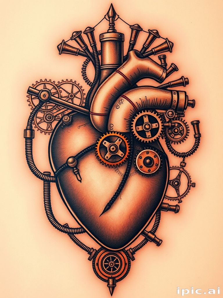 Steampunk-inspired tattoo called "Chronos Apparatus" depicting an intricate mechanical heart with gears, cogs, and pneumatic tubes, incorporating elements of Victorian-era design and industrial aesthetics, rendered in rich sepia tones with copper and brass accents