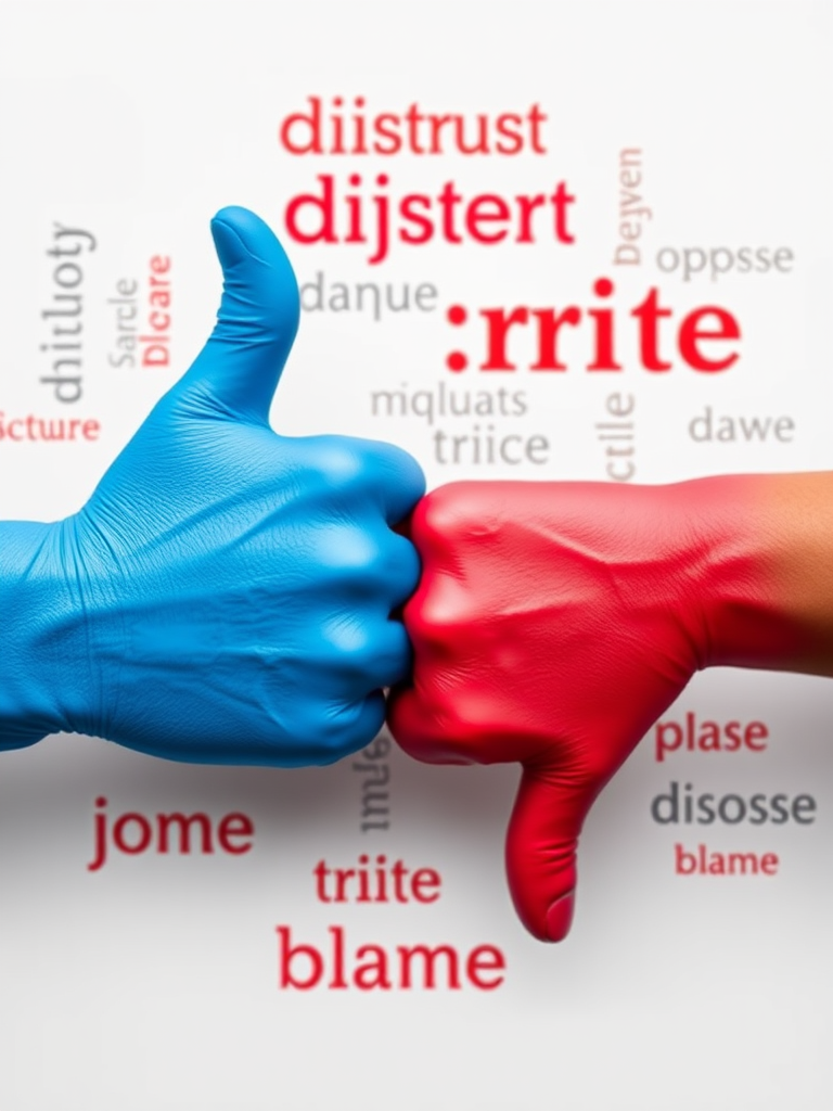Create an image featuring a blue thumbs-up and a red thumbs-down, surrounded by words like "distrust," "oppose," and "blame," using a DSLR camera with a 50mm lens, aperture set to f/1.8, ISO 100, and a shallow depth of field for a clean, focused look.