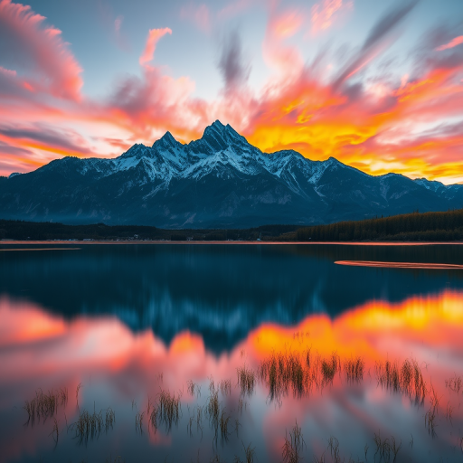 Create a serene landscape with a mountain backdrop during sunset, vibrant colors in the sky, reflecting on a calm lake in the foreground, captured with a Canon EOS R5, 24mm f/1.4 lens, ISO 100, aperture f/8, shutter speed 1/125s, wide-angle view, and a high dynamic range style to enhance image quality.