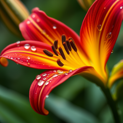 Create an ultra-detailed close-up image of a vibrant lily flower with dew drops on its petals, using a DSLR camera set to f/1.8 aperture, ISO 100, shutter speed 1/200s, shot from a low angle with a soft bokeh background to enhance the colors and create a dreamy effect.