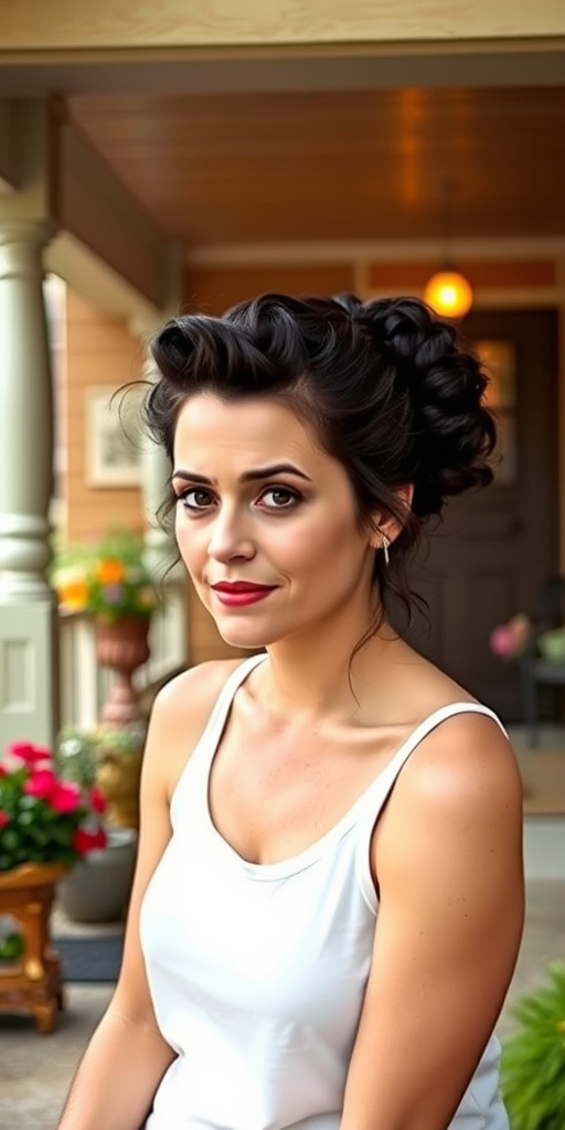 A photo of Helena Bonham Carter with a background of a cozy porch. She has dark hair pulled back in an updo, with tendrils framing her face. She wears a white tank top and sits on the porch. The porch is part of a well-lit home with a warm, earthy tone and colorful flowers and foliage. The overall scene has a warm, welcoming, and comfortable ambiance.