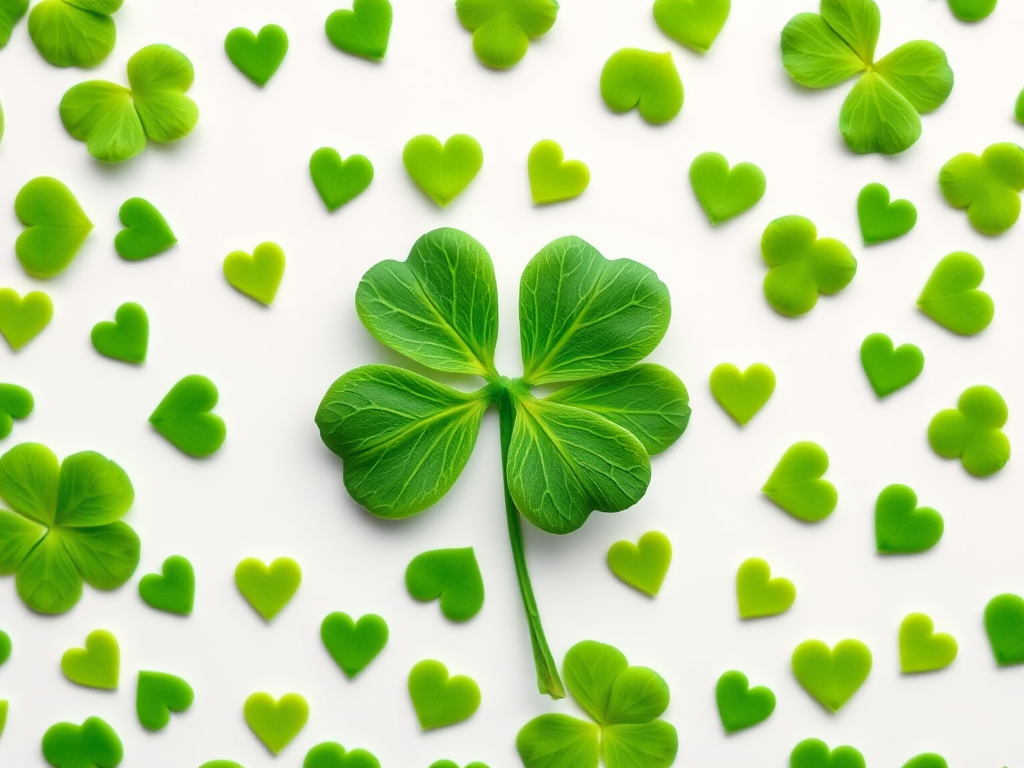 Create an image of a four-leaf clover filled with various shades of green hearts on a white background, shot with a 50mm lens, f/2.8 aperture, ISO 100, top-down view, using a DSLR camera for high clarity and vibrant colors.
