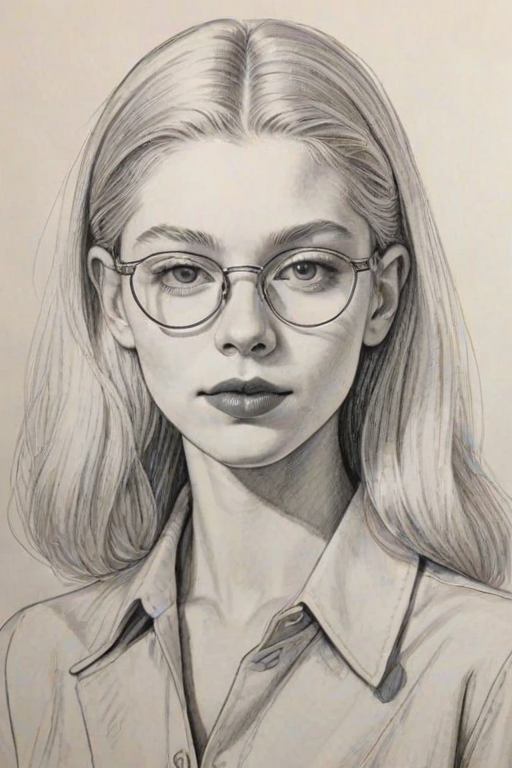 Graceful Hunter Schafer, pencil sketch, portrait of Delightful woman 1937s in glasses, hair style beatnik, outline, clear lines, fine lines, 8k